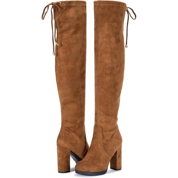 Women's Camel-imitation Suede Thigh High Over The Knee Rounded Toe Tall Boot - Picture 8 of 9